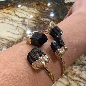 Black Tourmaline and gold metal adjustable Cuff Bracelet